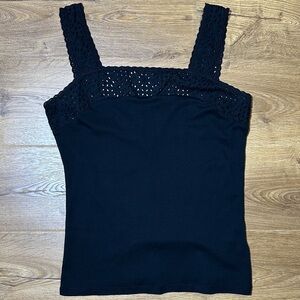 Lauren Ralph Lauren 100% Cotton Black Eyelet-Trim Square-Neck Camisole Large NWT
